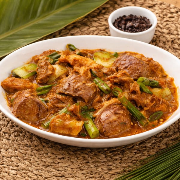 A white bowl of Filipino Bicol Express, a pork and coconut milk stew, on a woven mat.