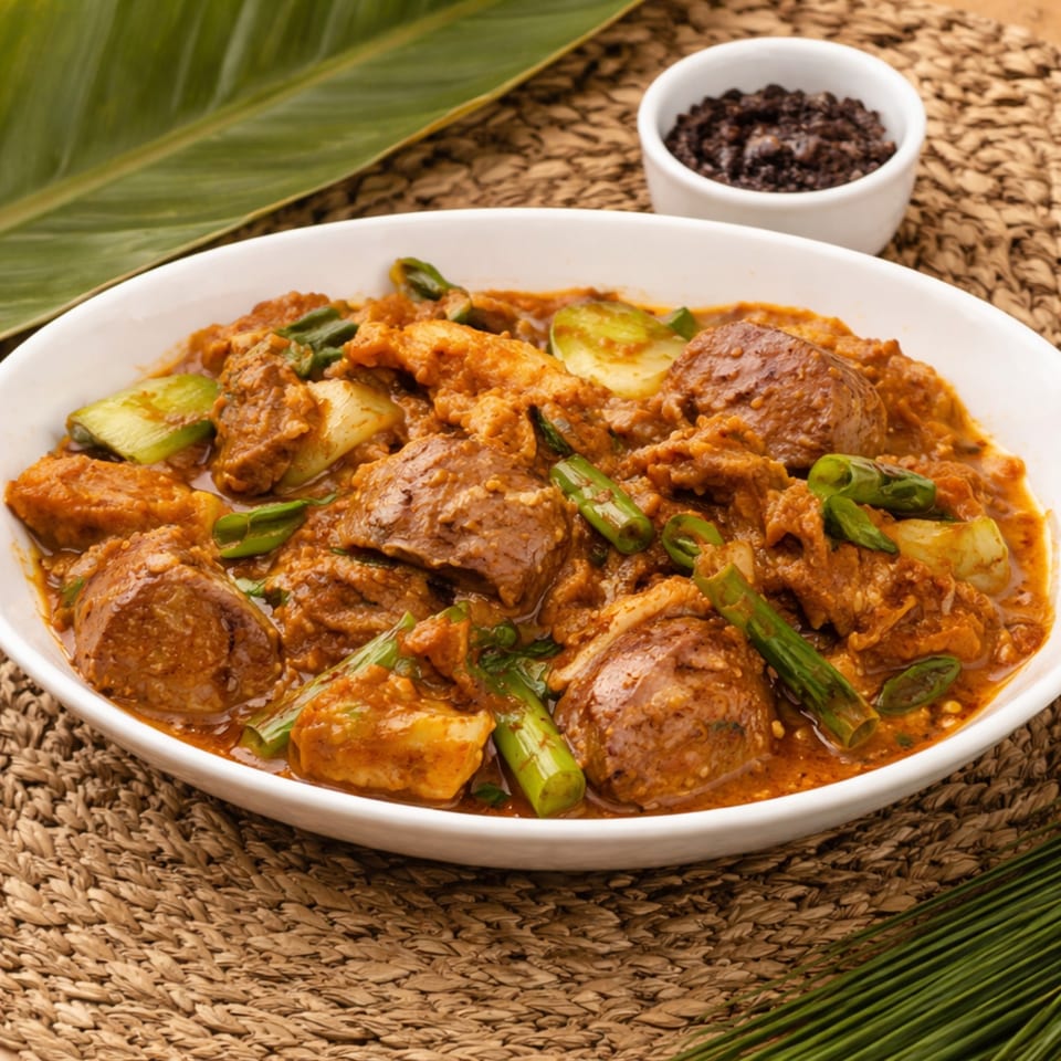 A white bowl of Filipino dinuguan stew with pork, vegetables, and a side of black dipping sauce.