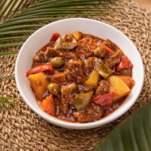 Filipino Caldereta, a savory beef stew with vegetables and olives, in a white bowl on a woven mat.